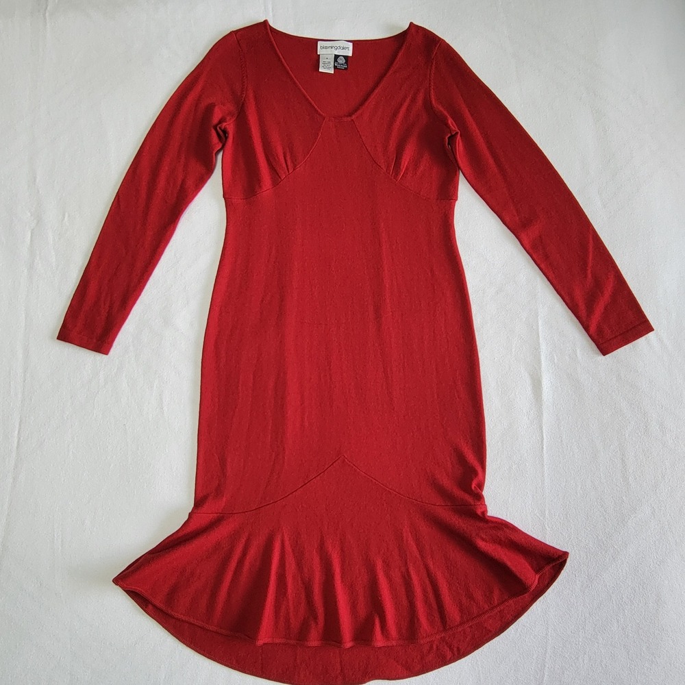 Bloomingdale's Vintage 90s Sweater Dress Red Women's S Woolmark Merino Ruffle - Picture 5 of 9